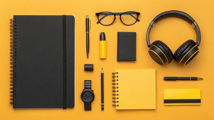 Organized collection of school and office supplies on a yellow background