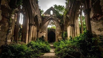 Obraz premium An old abandoned church with broken windows and overgrown vegetation 