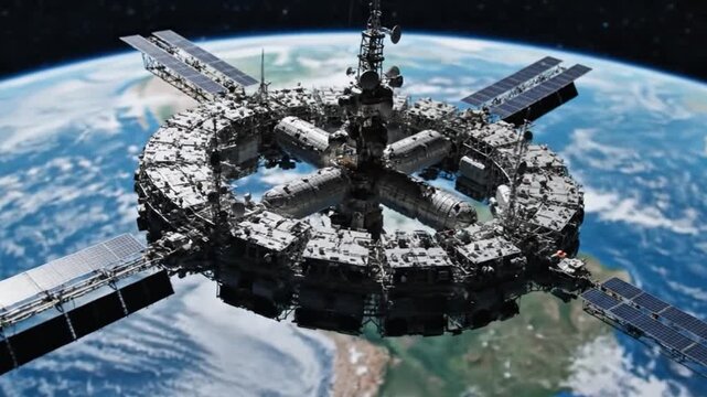 Futuristic space station orbiting Earth with solar panels and circular structure