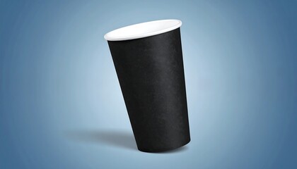 A black disposable paper coffee cup with a white lid is angled against a muted blue background.