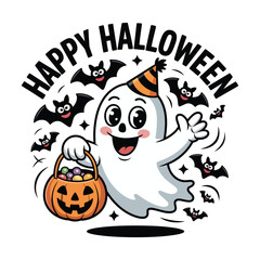 Fototapeta premium Happy Halloween Ghost with Candy and Bats T Shirt Design. Cute Cartoon Ghost Trick or Treating, Fun Halloween Illustration for Kids, Spooky Holiday Graphic Tee