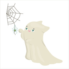 Adorable cat ghost reaching towards a spider on a web in this charming vector illustration. Playful encounter emphasizes themes of Halloween, friendship, and whimsy, perfect for decoration.