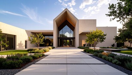 A modern church with geometric architecture and open courtyard

