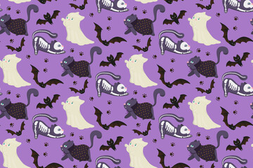 Halloween-themed vector illustration featuring whimsical cats dressed in ghost and skeleton costumes with bats on a purple background. Perfect for festive designs and decorations.
