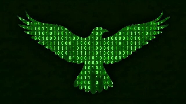 Abstract bird silhouette filled with green binary code on dark background