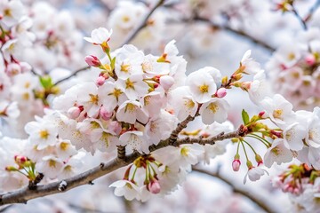 Fototapeta premium Photo of closeup of cherry blossoms on a branch in the spring season with soft focus