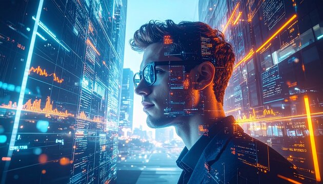 A man wearing glasses gazes thoughtfully into a futuristic digital cityscape with data visualizations.