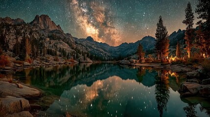 Obraz premium A serene lake nestled amidst rocky outcroppings and towering trees, bathed beneath a celestial canvas adorned with myriad stars