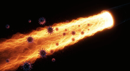 Abstract visualization of microscopic virus pathogens carried on a powerful stream of fire, symbolizing a fast-spreading pandemic