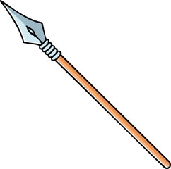Illustration of a spear with a silver arrowhead and a wooden shaft, depicted at an angle.