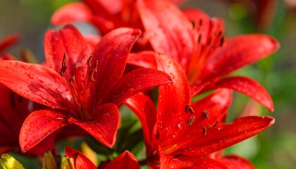 Fototapeta premium Close-up view of vibrant red lilies, showcasing delicate petals and glistening water droplets.