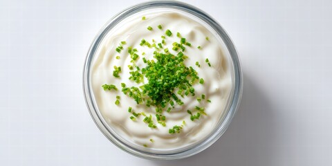 Elegant dairy dessert with creamy yogurt topped with fresh herbs showcasing smooth texture vibrant green garnish and appealing presentation for healthy eating