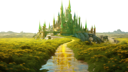 Enchanted yellow brick road leading to magical building isolated on white background