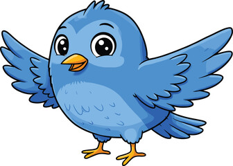 Adorable blue cartoon bird character with open wings, happy cute expression, children book style vector isolated on white background illustration