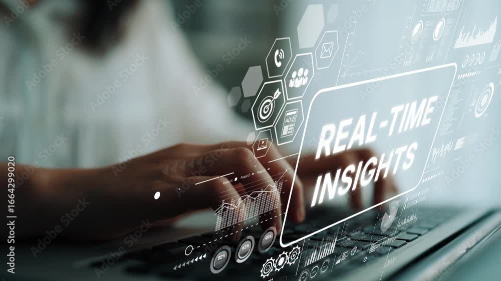 Poster hands typing on laptop with digital interface representing real-time insights and data analytics in 