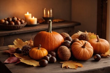 Herbstdekoration mit K&uuml;rbissen, Kastanien und Herbstbl&auml;ttern in warmem Licht