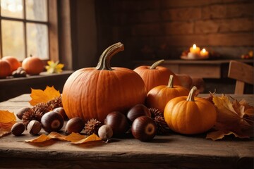 Herbstdekoration mit Kürbissen, Kastanien und Herbstblättern in warmem Licht