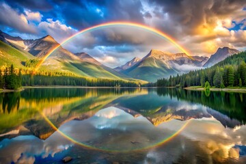 Photo of a rainbow over a lake with mountain reflections in a scenic landscape