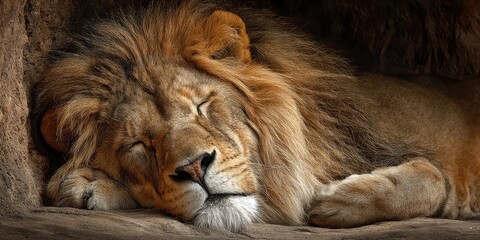 Majestic lion resting peacefully in a rocky cave during the warm afternoon sunlight