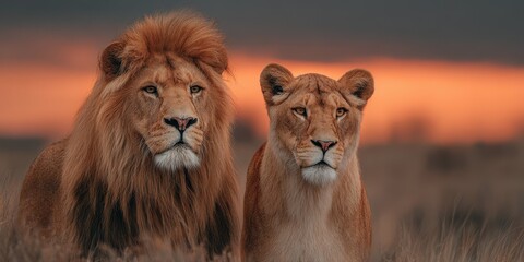 Obraz premium Majestic lions in golden grassland during sunset in Africa, showcasing a bond between male and female