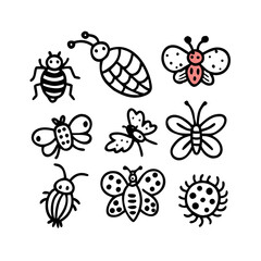 Hand-drawn insect and butterfly icons; playful, black and white line art; children's book illustration.