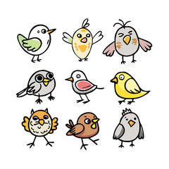 Nine Adorable Cartoon Birds:  Cheerful, Playful, Childlike Illustrations for Children's Books, Websites, and Branding.