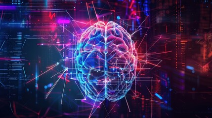 Obraz premium Futuristic visualization of the human brain with colorful neon lights in blue, purple and pink hues, featuring intricate abstract patterns, neural networks and digital connections representing technol