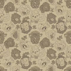 Seamless Pattern, Whimsical pattern featuring cute cartoon lion characters with playful expressions and details Stock royalty free  image.