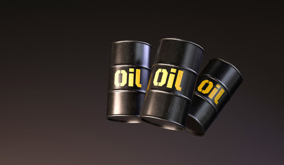 Three black Oil barrels stand together, symbolizing global fuel supply and industry scale. Perfect for Oil-related business, energy reports, or Oil market analysis.