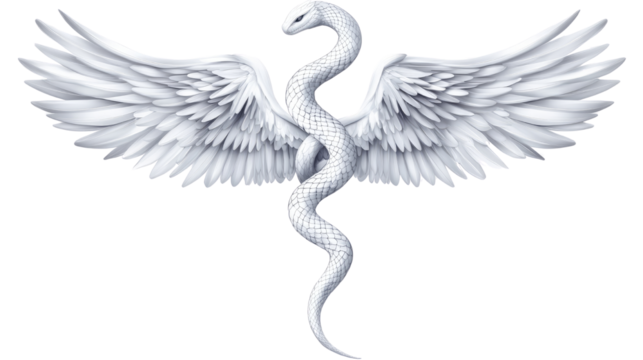 Elegant white serpent entwined with spreading angelic wings on white background