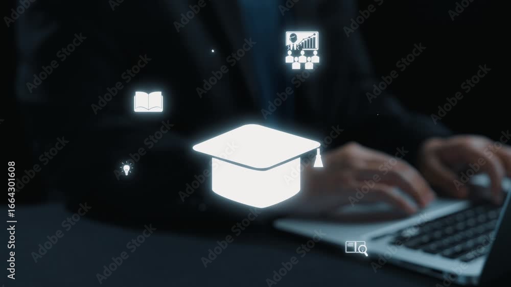 Poster this image illustrates modern educational concepts with a graduation cap and icons representing lear