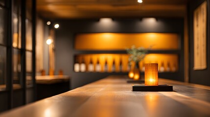 blurred image of a Japanese sake bar interior illuminated by amber recessed lights, black lacquer and golden palette