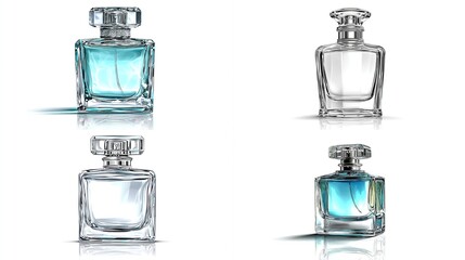 Four square perfume bottles, two clear and two teal-colored, displayed in pairs, with reflections