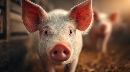 Curious piglet exploring a farm environment during the early morning light in a rustic barn