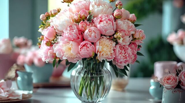 Elegant peony bouquet centerpiece in a glass vase creating a soft, romantic ambiance