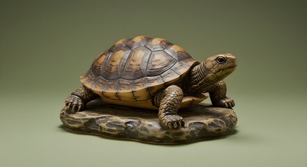 Obraz premium Brown turtle statue presents earthy tones on olive backdrop. Good for product photography, displays, or branding.