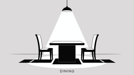 A black and white illustration of a dining table with two chairs under a spotlight in a room setting