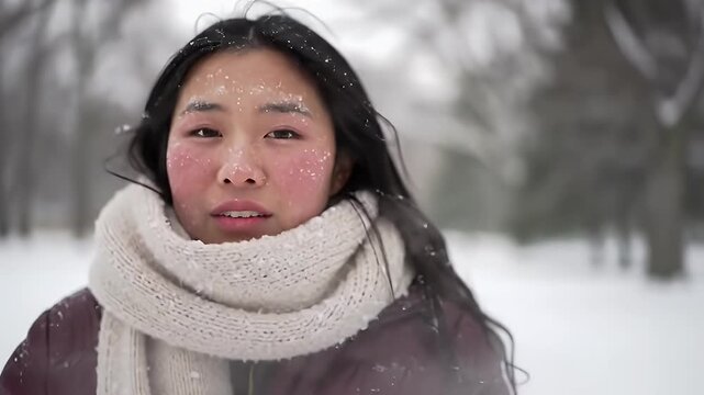 Close-up of a young woman in a snowy outdoor setting, her face flushed and covered in frost.