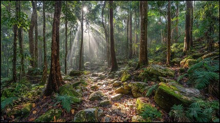 Obraz premium A lush forest brimming with numerous trees adorned in verdant foliage, punctuated by a radiant ray of sunlight piercing through