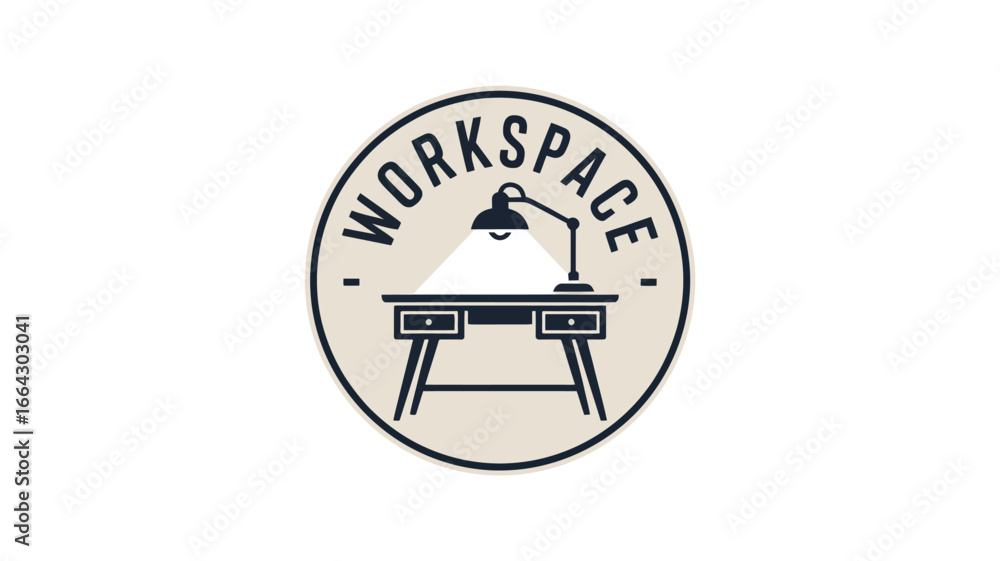 Poster a workspace logo featuring a desk and lamp inside of a circle with the word workspace written around