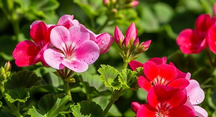 Vibrant Pink and Red Geranium Flowers Blooming in a Sunny Garden.