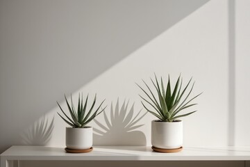 Moderne Zimmerpflanzen in weißen Töpfen mit sanften Schatten im Sonnenlicht