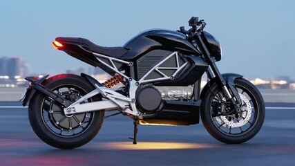 Sleek black motorcycle, electric model, streamlined frame, city backdrop, modern design - Powered by Adobe