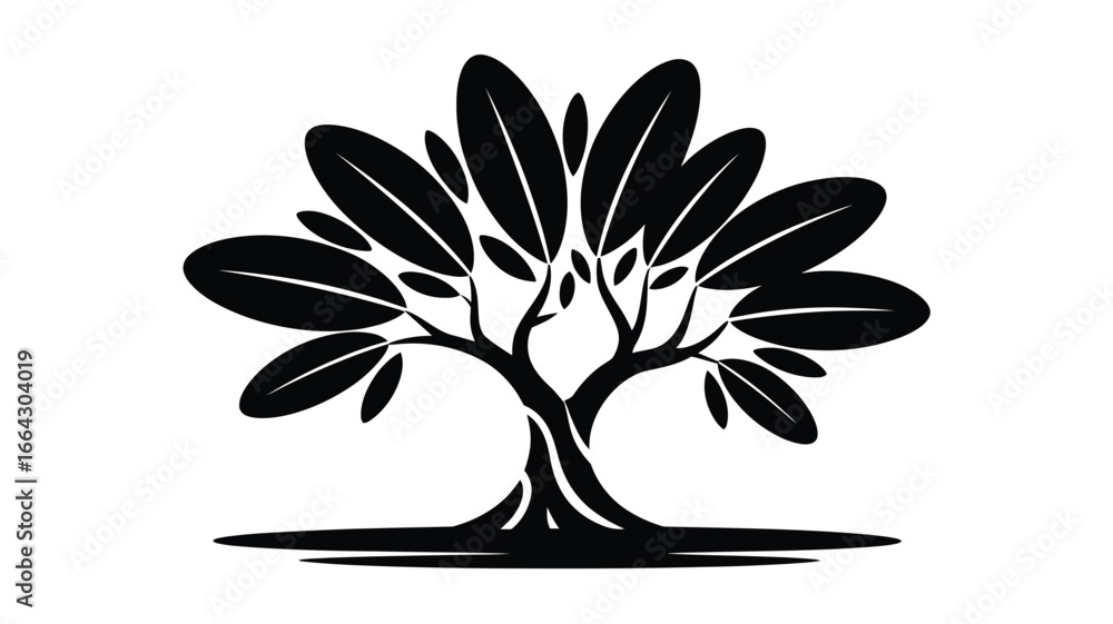 Aufkleber a stylized black and white image of a tree with large leaves and a twisted trunk on a white backgrou