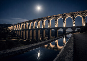 Full moon and starry sky over an illuminated Roman aqueduct with its reflection in a water channel