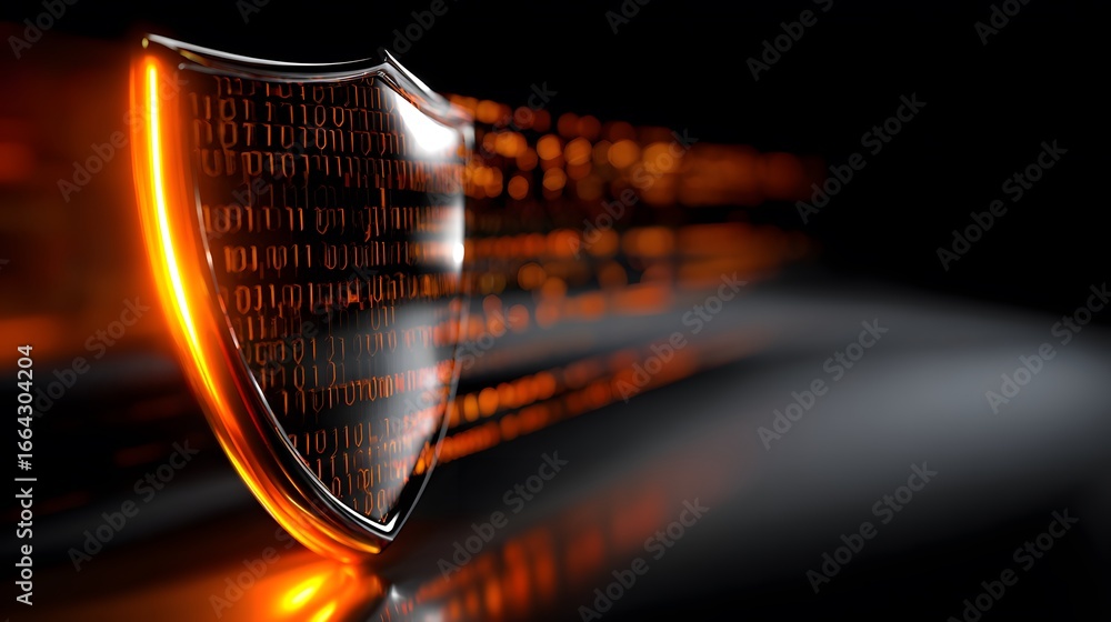 Poster digital shield with binary code, symbolizing cybersecurity