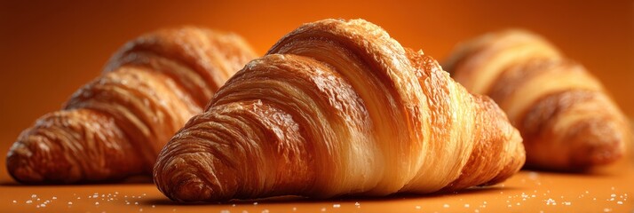 Flaky croissants freshly baked and arranged on a warm, inviting background with golden hues and soft lighting