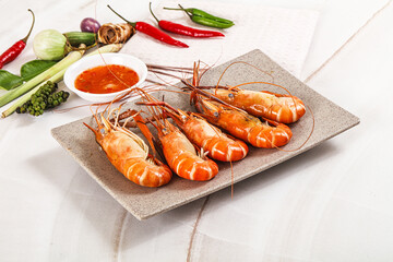 Boiled tiger prawn with sauce