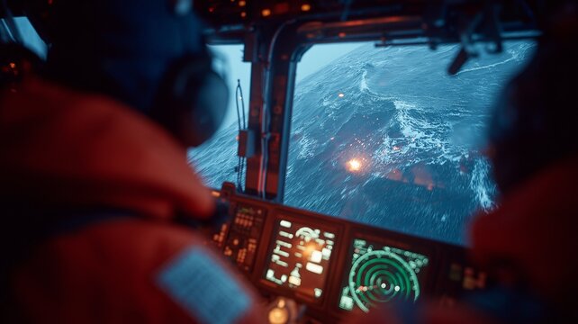 As crew members plan their next course of action, an aerial view of a lifeboat in motion shows a constant SART signal on the radar screen viewable through the cabin glass.