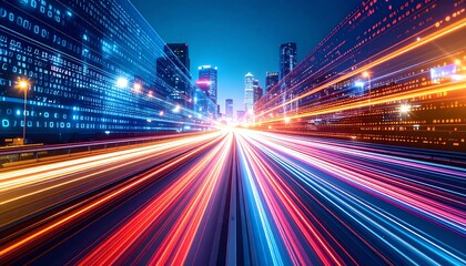 Fototapeta premium A cityscape highway at night, illuminated by streaks of vibrant light, showcasing a dynamic and fast-paced atmosphere.